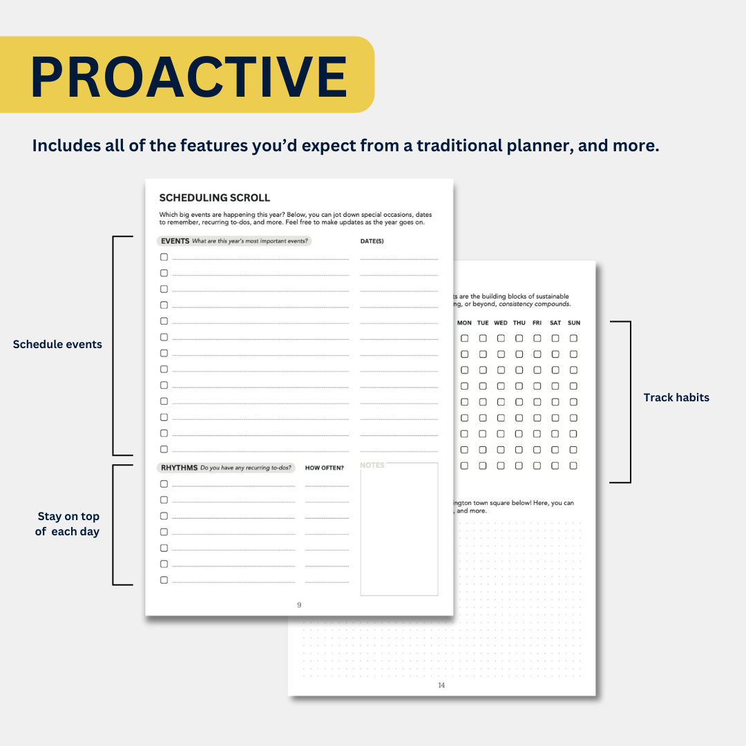 Two pages from the whimsington planner. The first pages is for scheduling events and planning recurring to-dos. The second is for tracking habits.