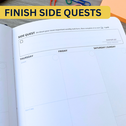 Open planner page with a section for side quests and weekly tasks, followed by space for Thursday through Sunday planning. The label reads, Finish Side Quests.