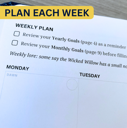 Open planner page with a weekly plan checklist and a section for Monday and Tuesday goals. The label reads, Plan Each Week.